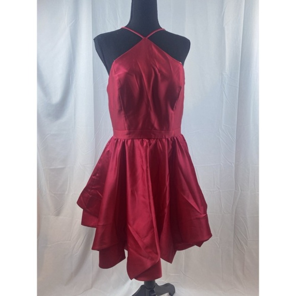 Blondie Nites Juniors Size 9 Red Y Neck Red Satin Fit N Flare Mini Dress Pockets